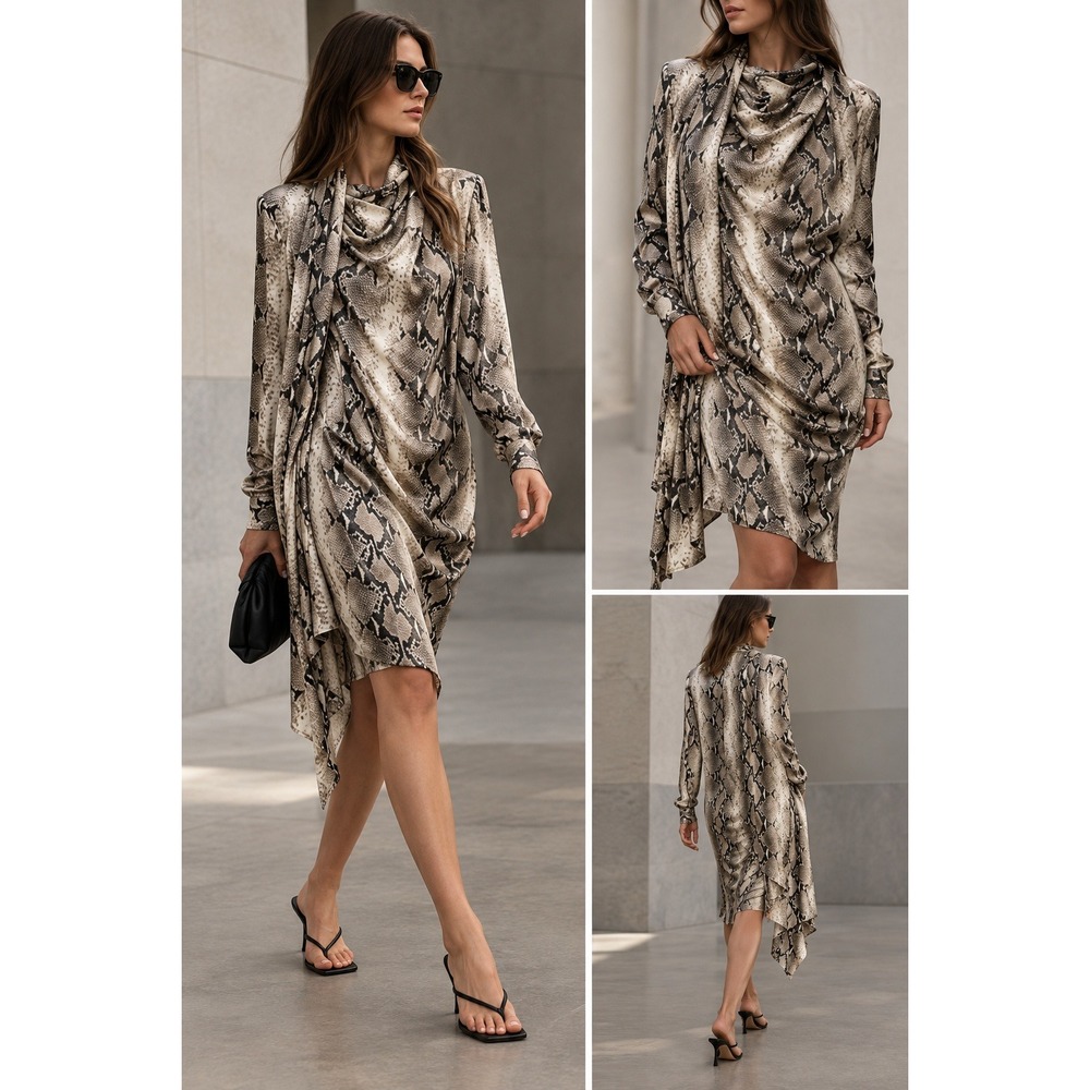 KHAITE Shaz Natural Python Print Dress Asymmetrical Cowl Neck 6